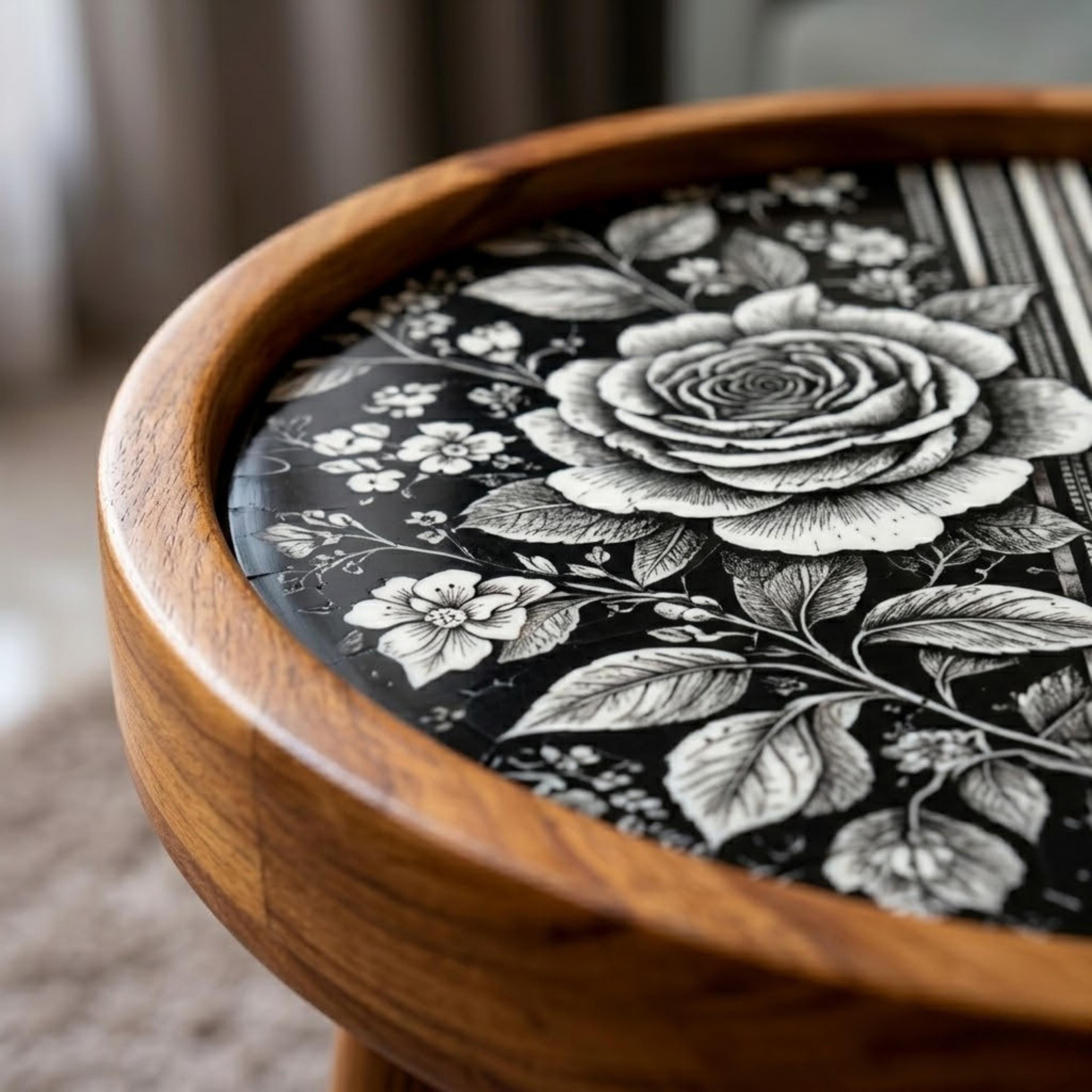 Handmade Mango Wood Side Table | Black White Rose Print Boho Accent Furniture