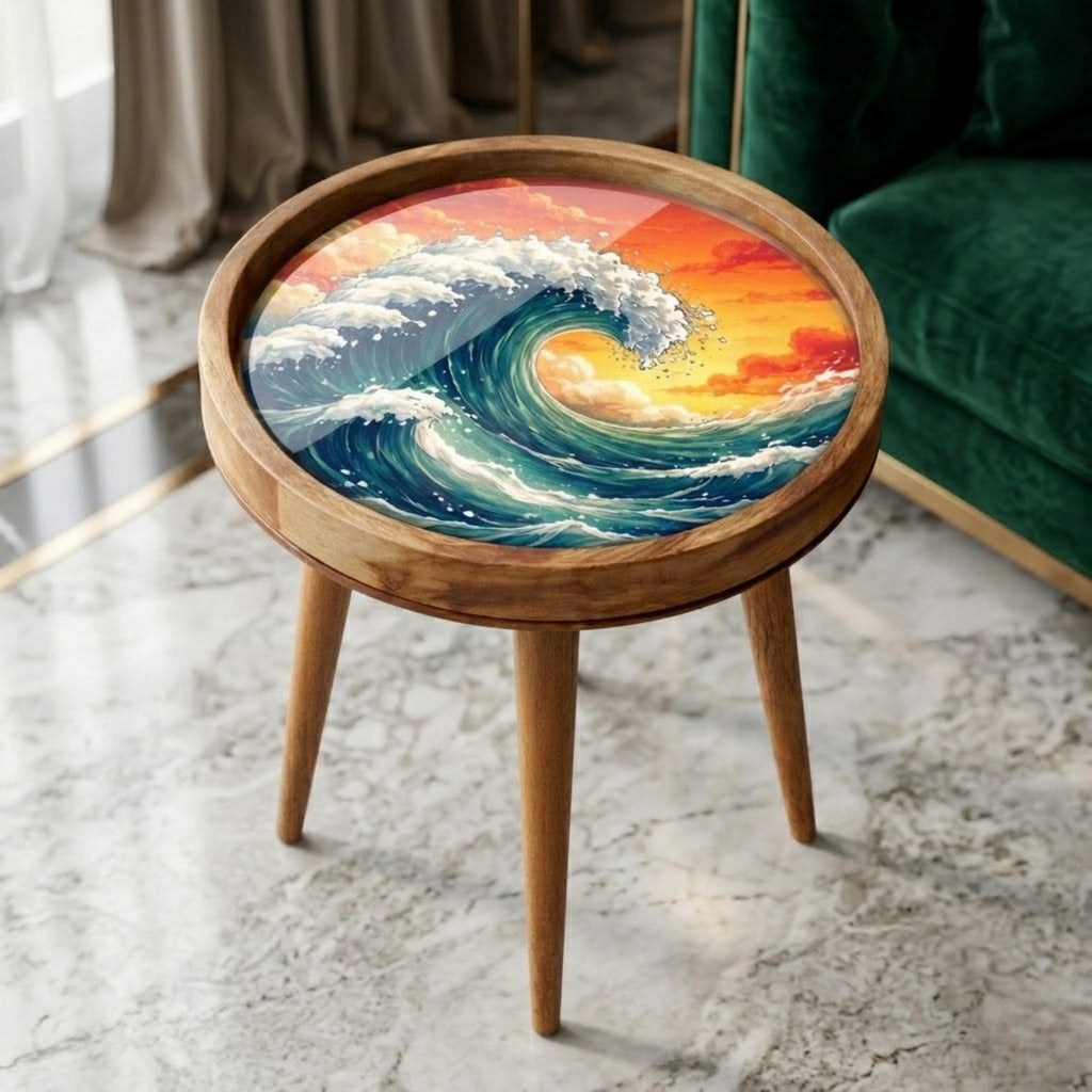 Handmade Mango Wood Side Table | Ocean Wave Print Accent Table | Coastal Decor