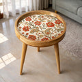 Handmade Mango Wood Side Table | Vintage Floral Print Round Boho Accent Furniture
