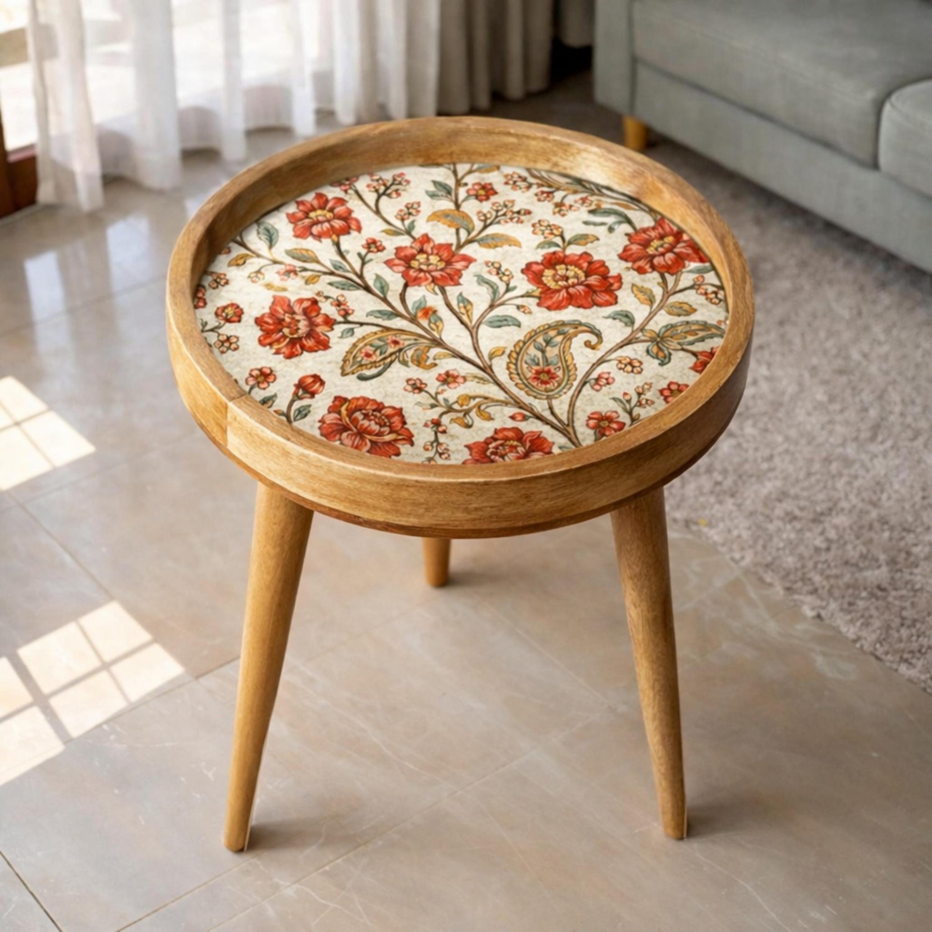 Handmade Mango Wood Side Table | Vintage Floral Print Round Boho Accent Furniture