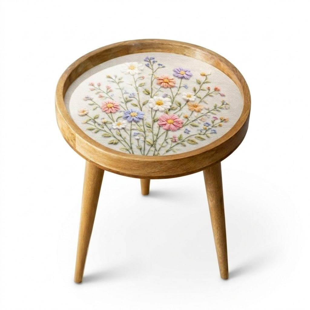 Handmade Mango Wood Side Table | Wildflower Print Round Accent Table