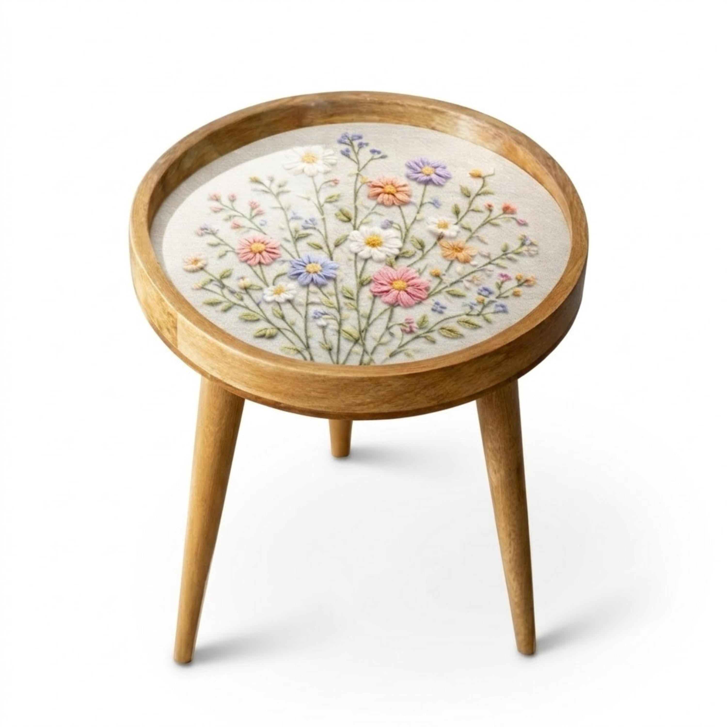 Handmade Mango Wood Side Table | Wildflower Print Round Accent Table
