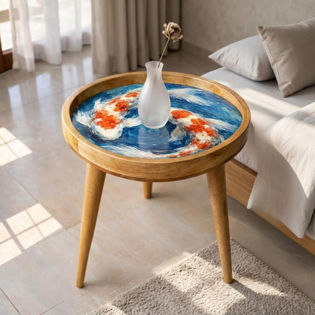 Handmade Mango Wood Side Table | Koi Fish Print Round Accent Table