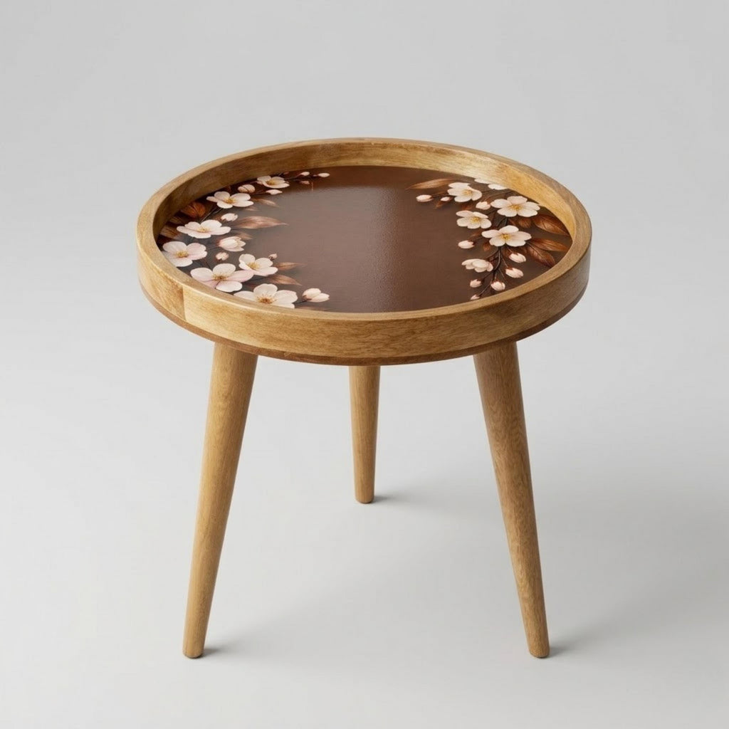 Handmade Mango Wood Side Table | Cherry Blossom Print Round Accent Table