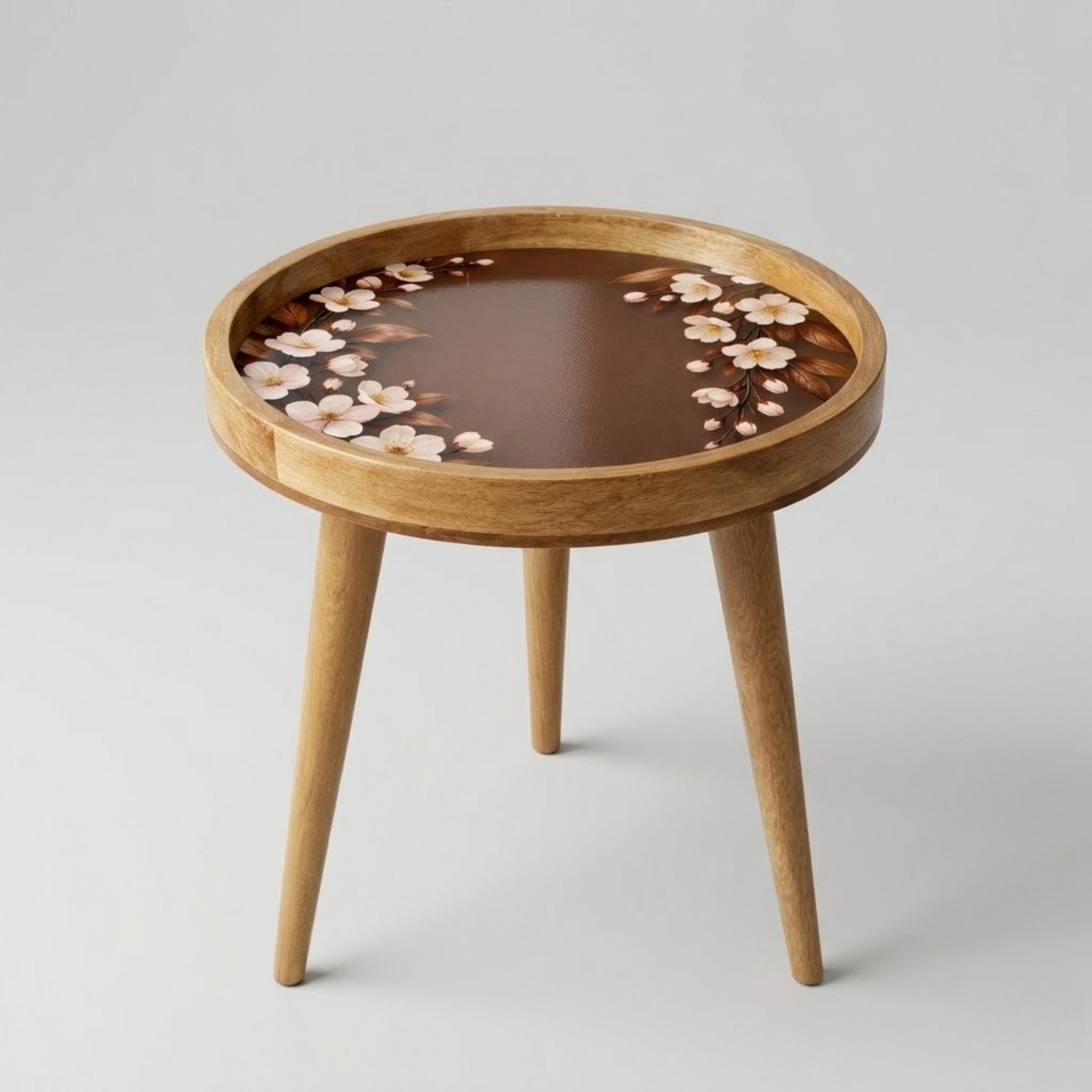 Handmade Mango Wood Side Table | Cherry Blossom Print Round Accent Table