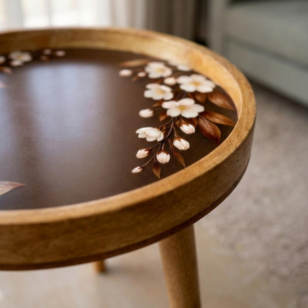 Handmade Mango Wood Side Table | Cherry Blossom Print Round Accent Table