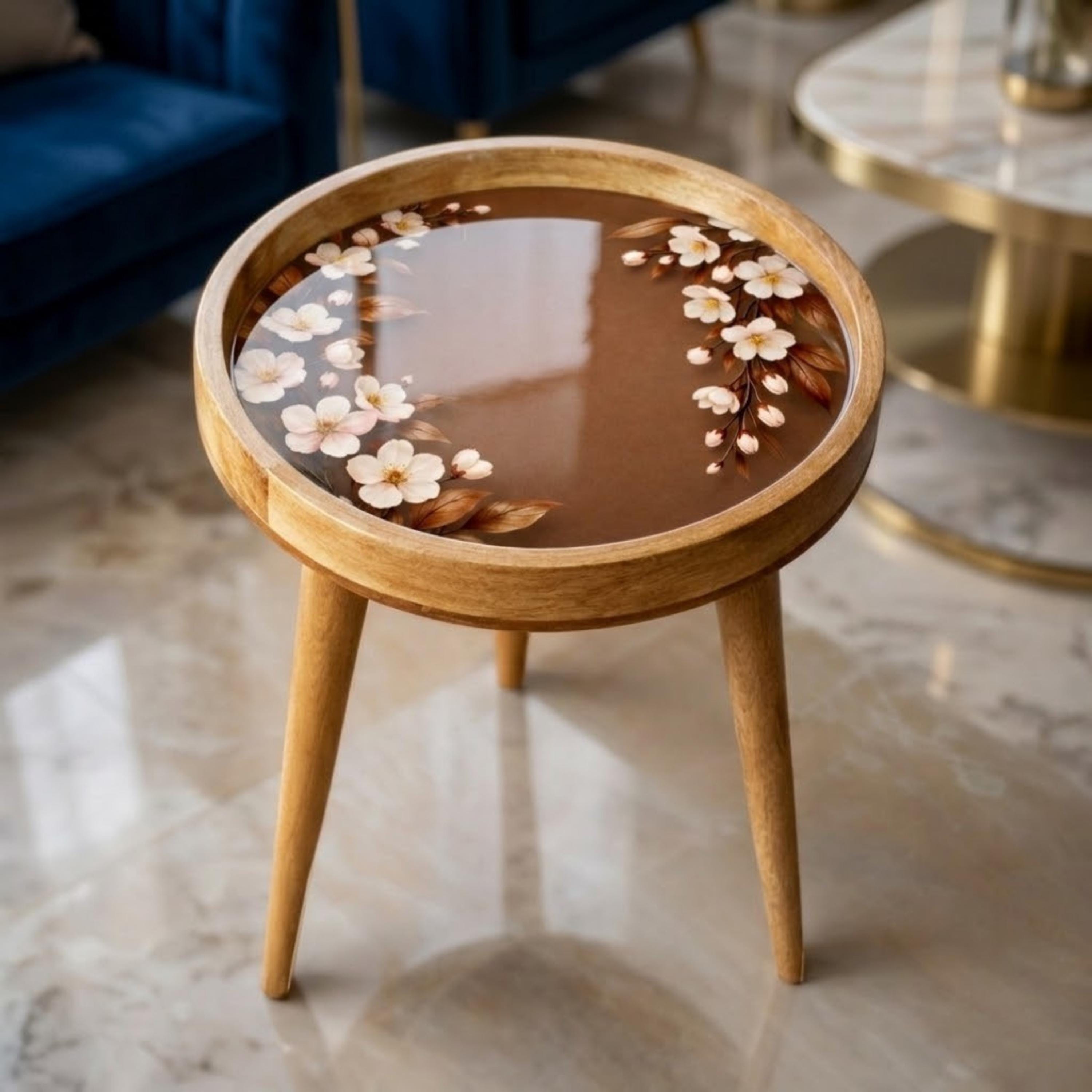 Handmade Mango Wood Side Table | Cherry Blossom Print Round Accent Table