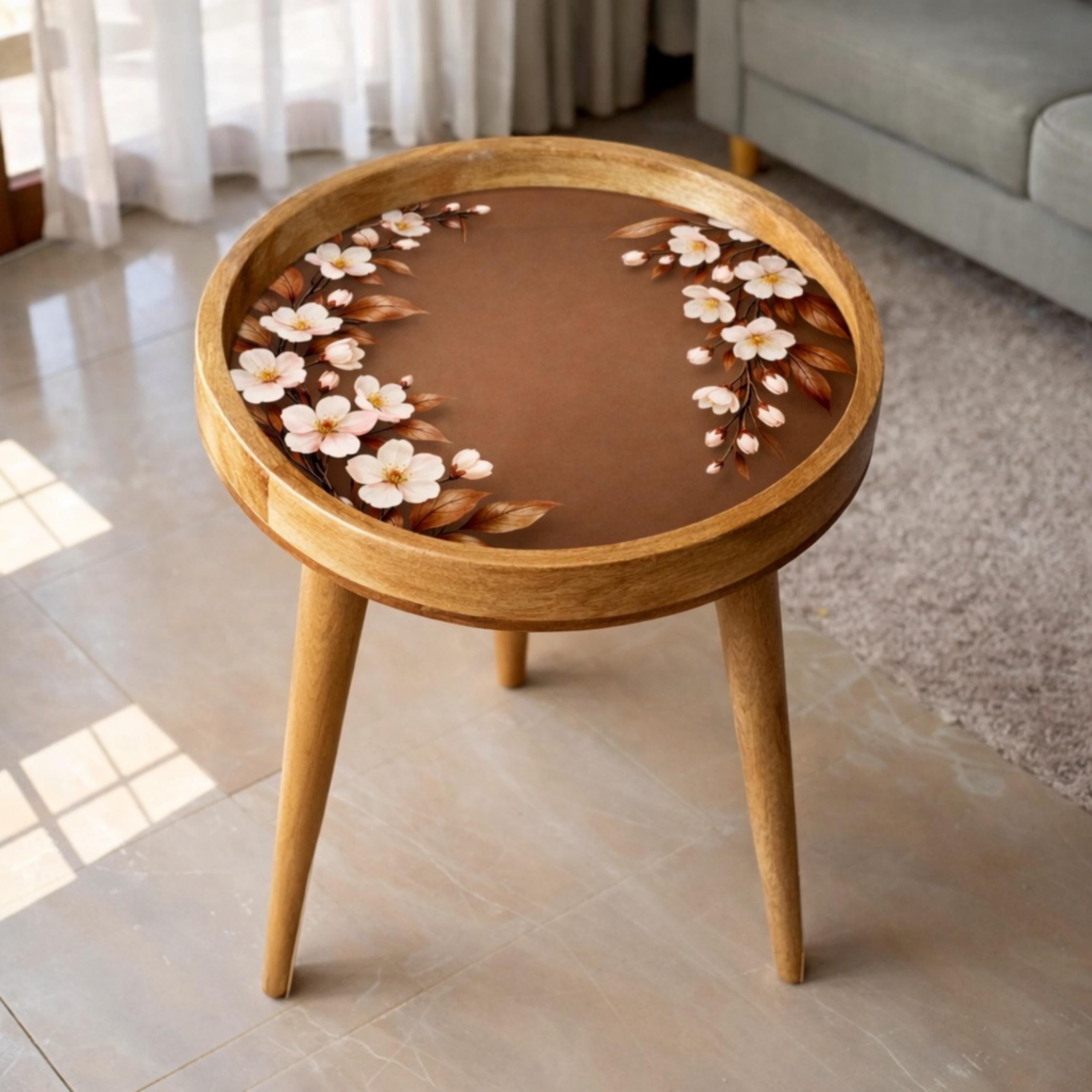 Handmade Mango Wood Side Table | Cherry Blossom Print Round Accent Table
