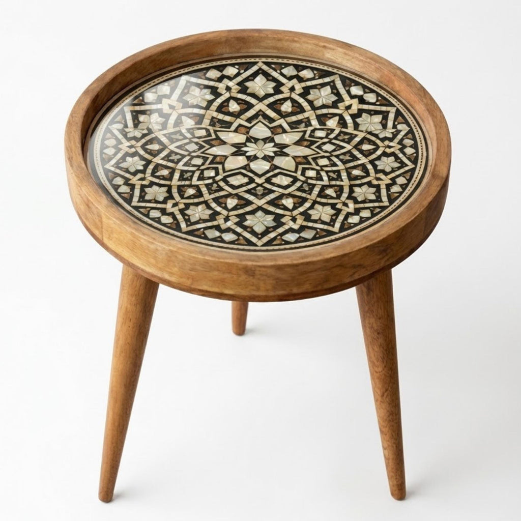 Handmade Mango Wood Side Table | Mandala Printed Boho Accent Table