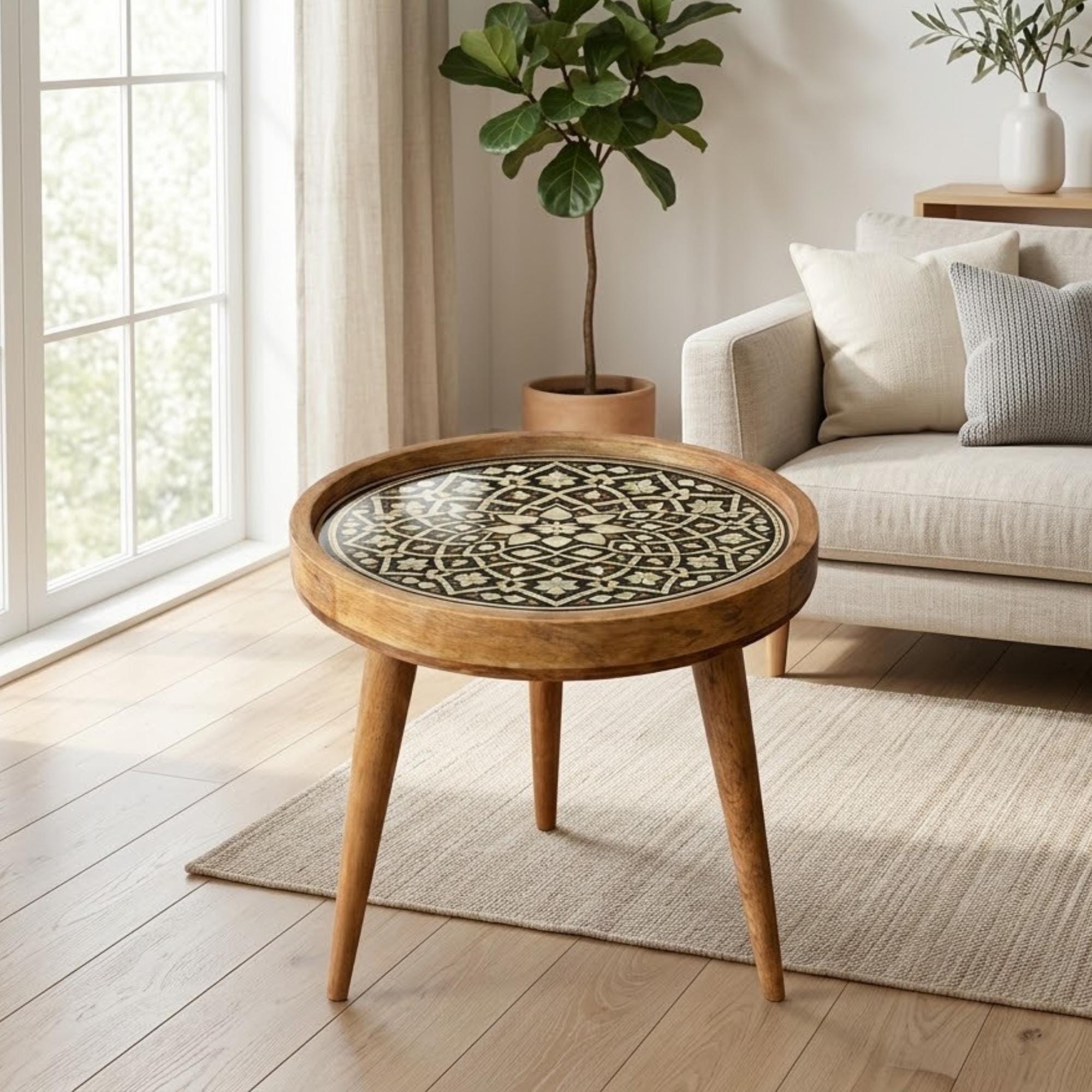 Handmade Mango Wood Side Table | Mandala Printed Boho Accent Table