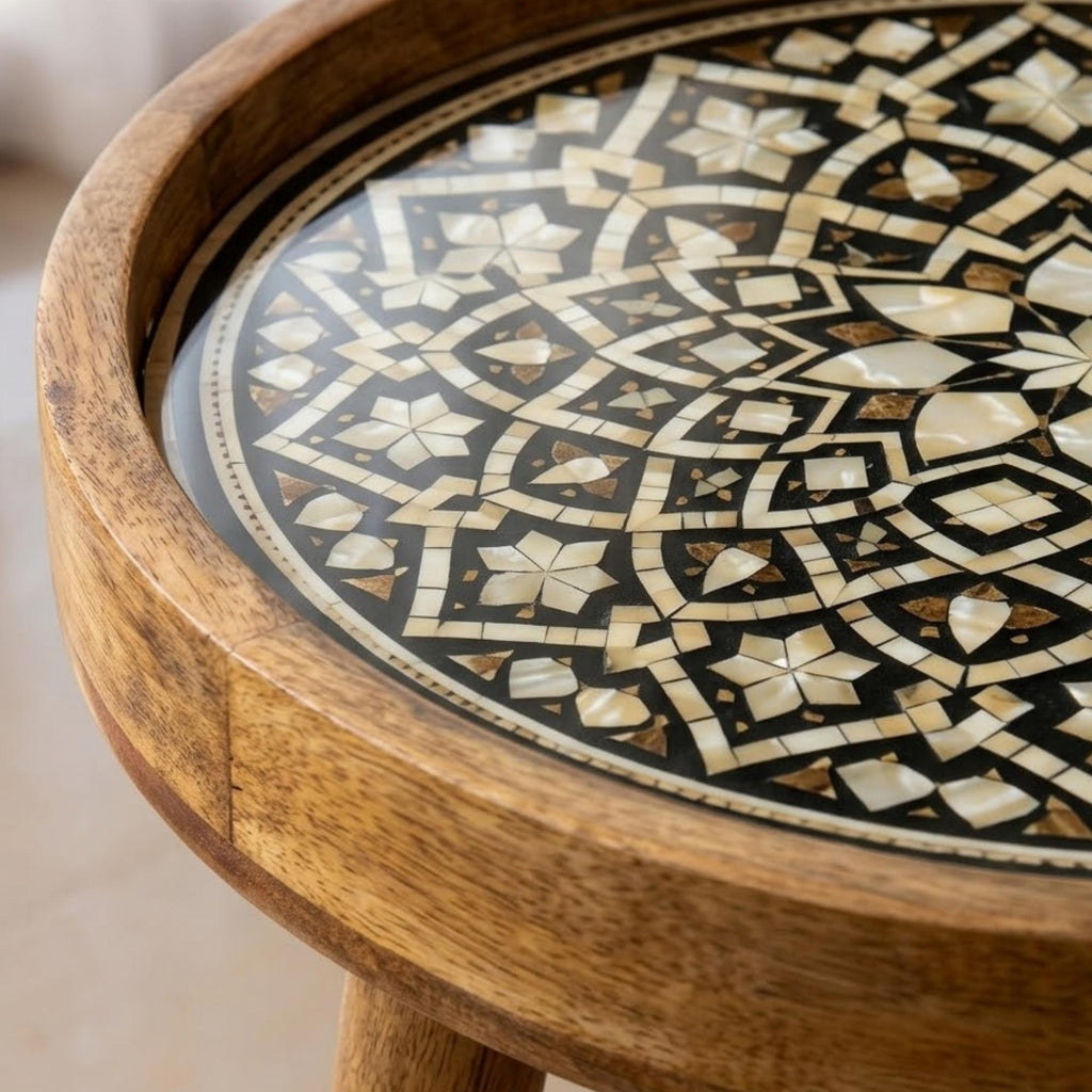 Handmade Mango Wood Side Table | Mandala Printed Boho Accent Table