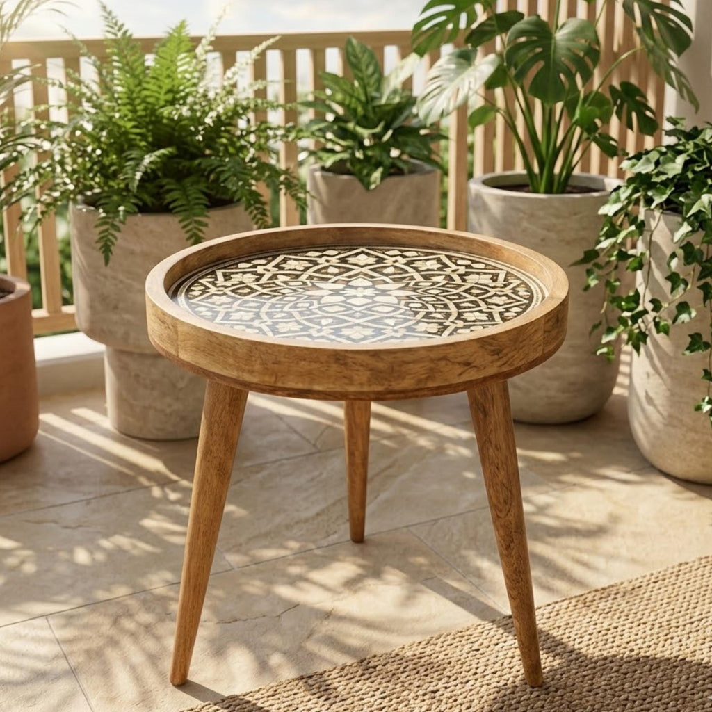 Handmade Mango Wood Side Table | Mandala Printed Boho Accent Table
