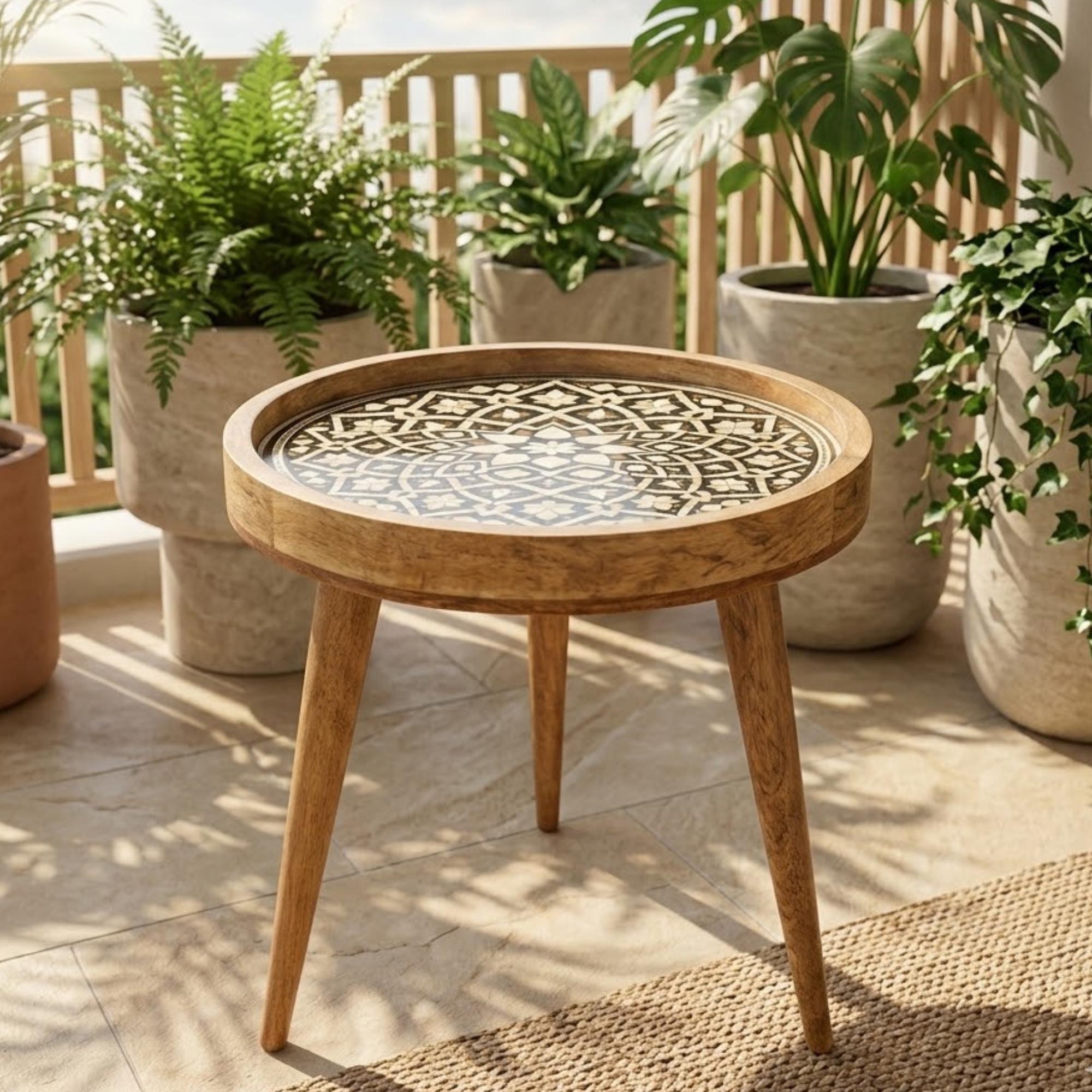 Handmade Mango Wood Side Table | Mandala Printed Boho Accent Table