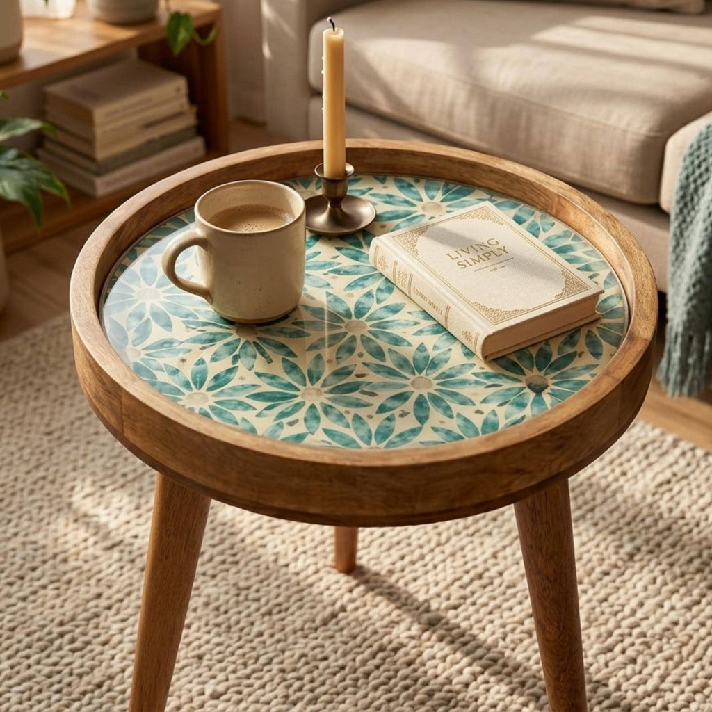 Handmade Mango Wood Side Table | Blue Floral Round Accent Table | Boho Living Room Decor