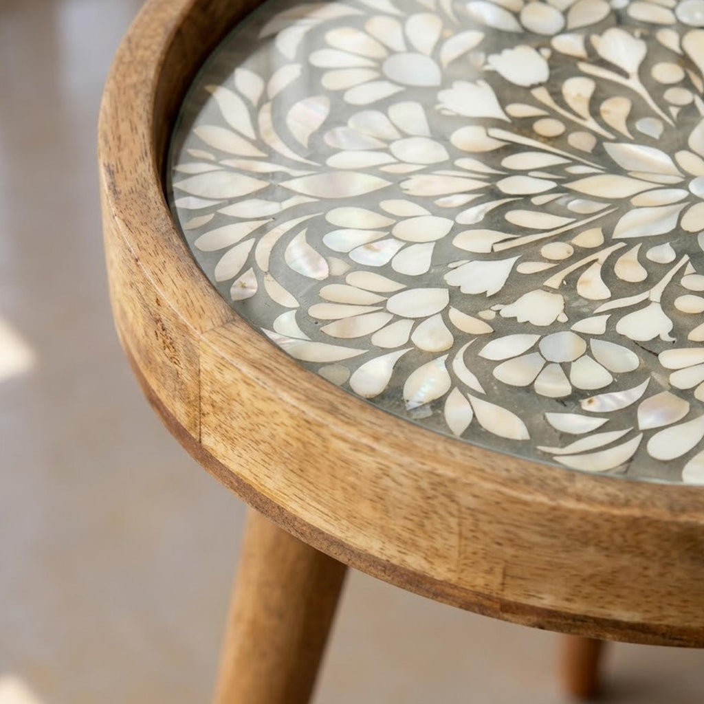 Handmade Mango Wood Side Table | White Floral Mandala Round Accent Table