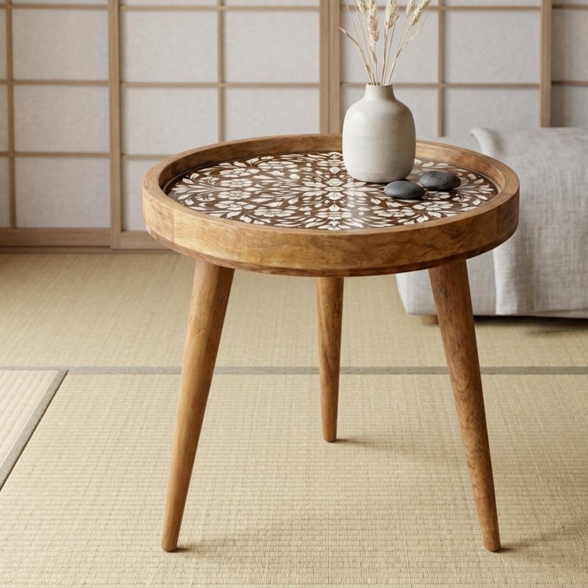 Handmade Mango Wood Side Table | Floral Printed Round Accent Table