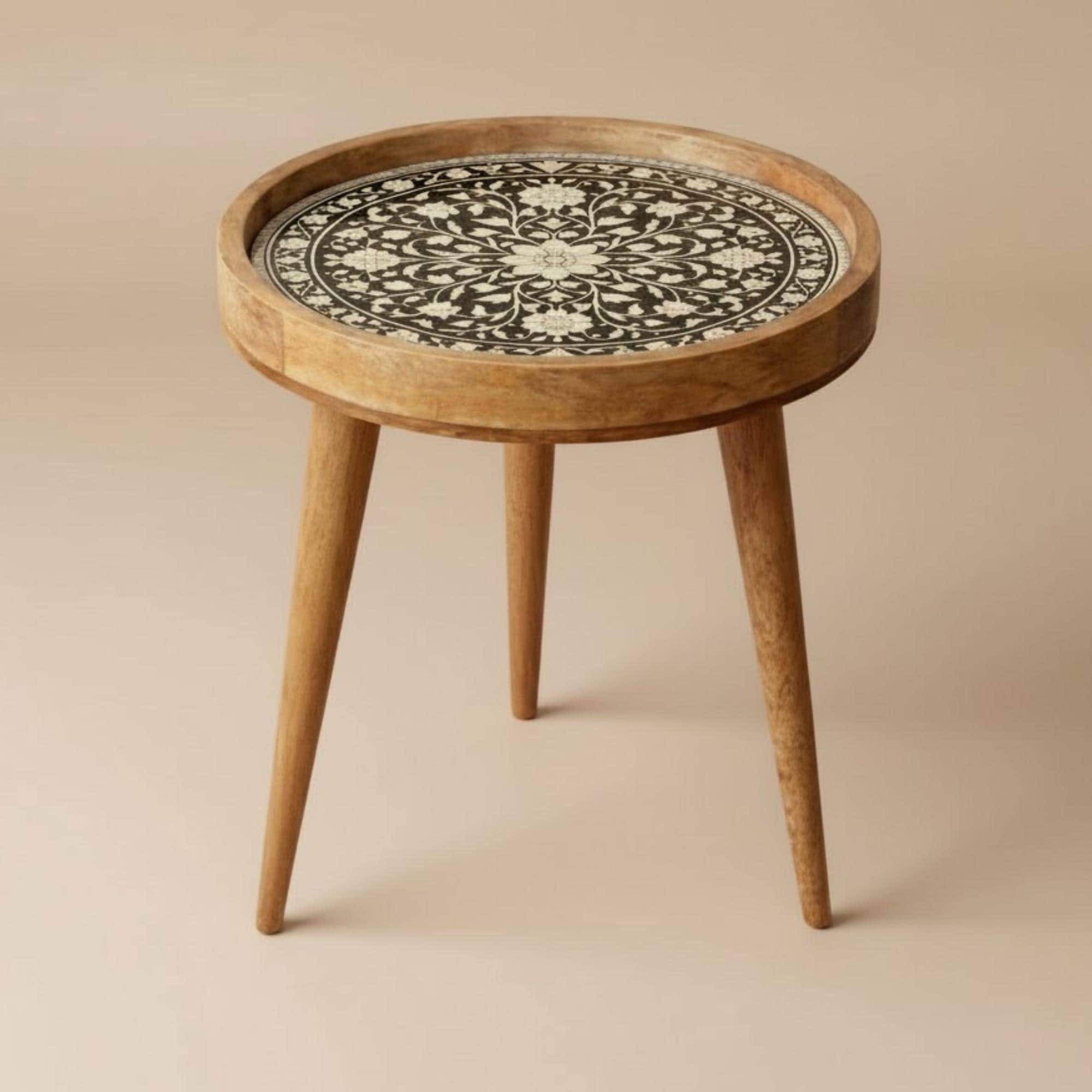 Handmade Mango Wood Side Table | Floral Inlay Round Accent Table