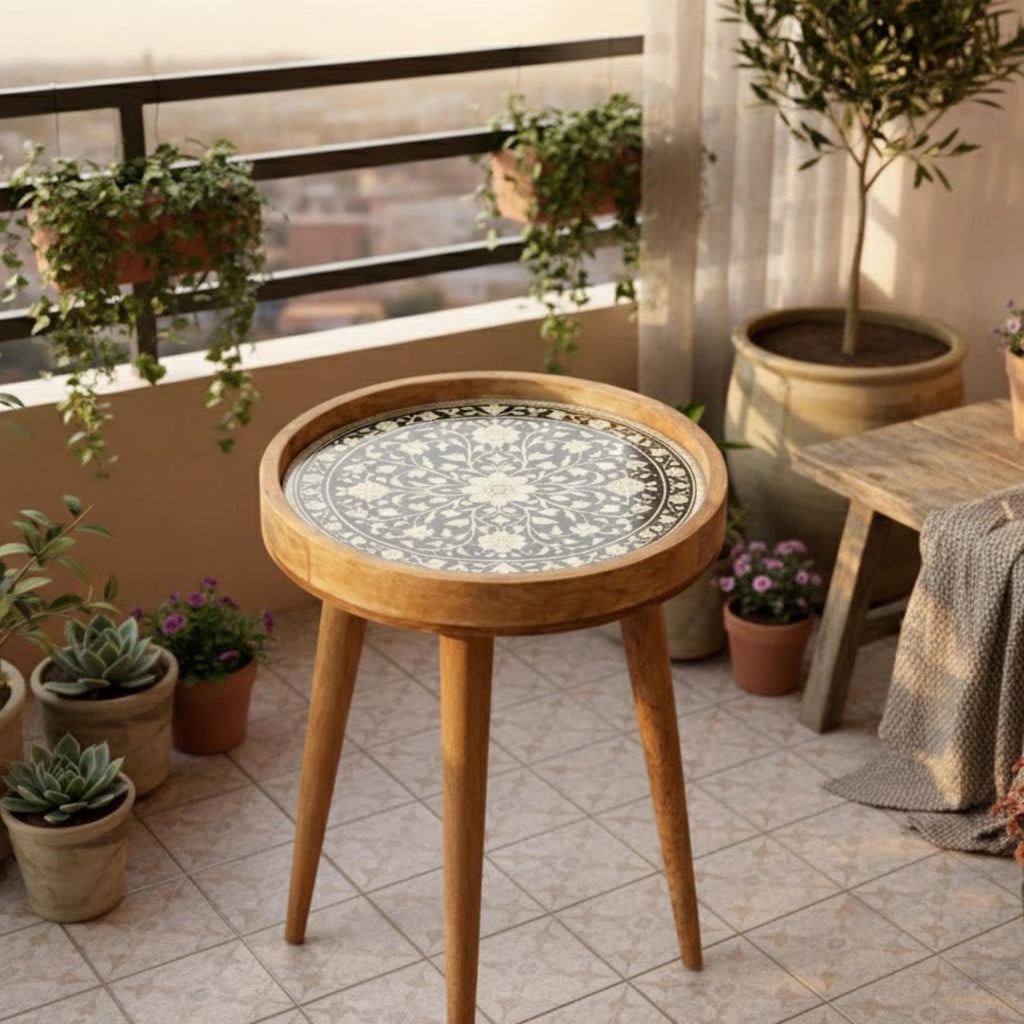 Handmade Mango Wood Side Table | Floral Inlay Round Accent Table