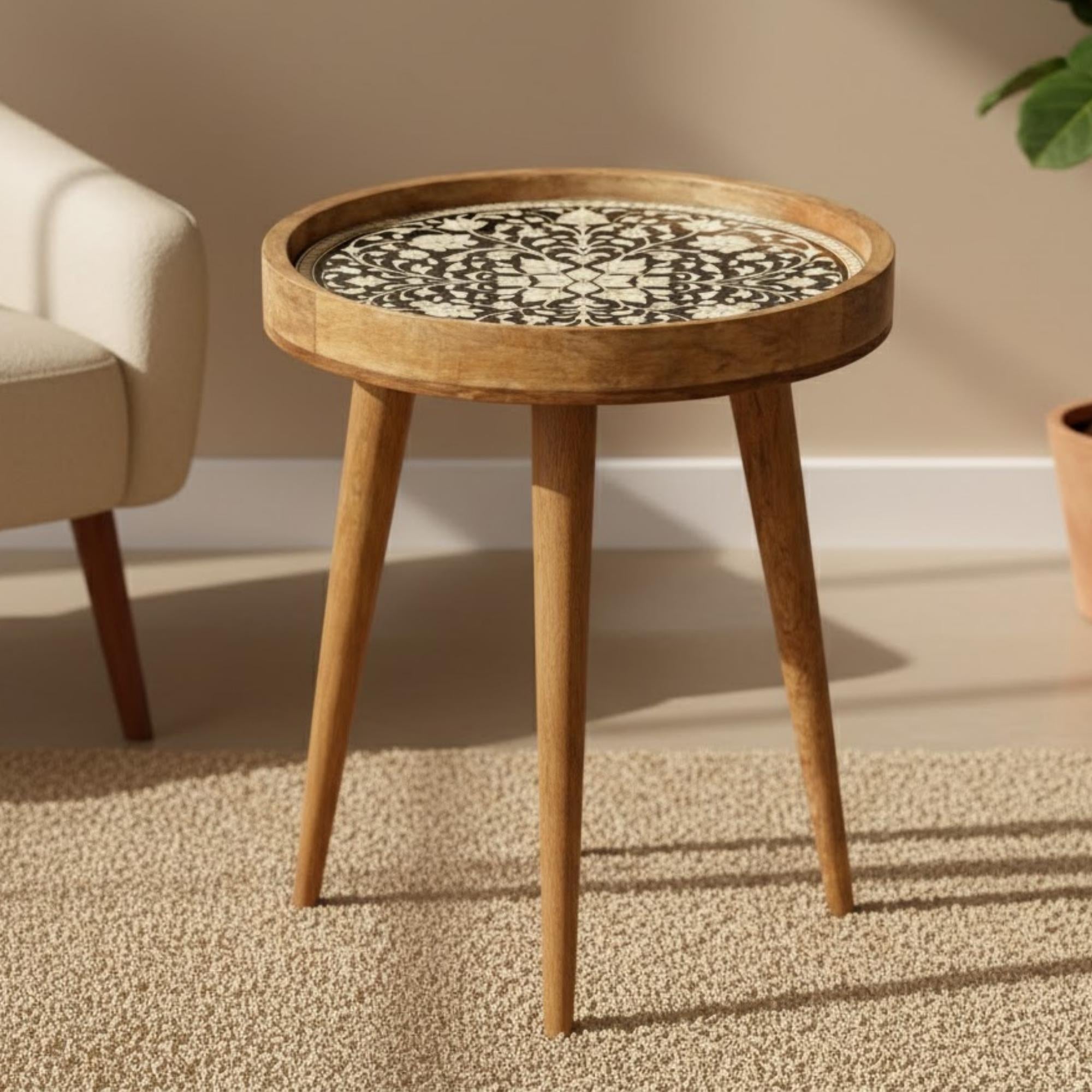 Handmade Mango Wood Side Table | Printed Round Accent Table