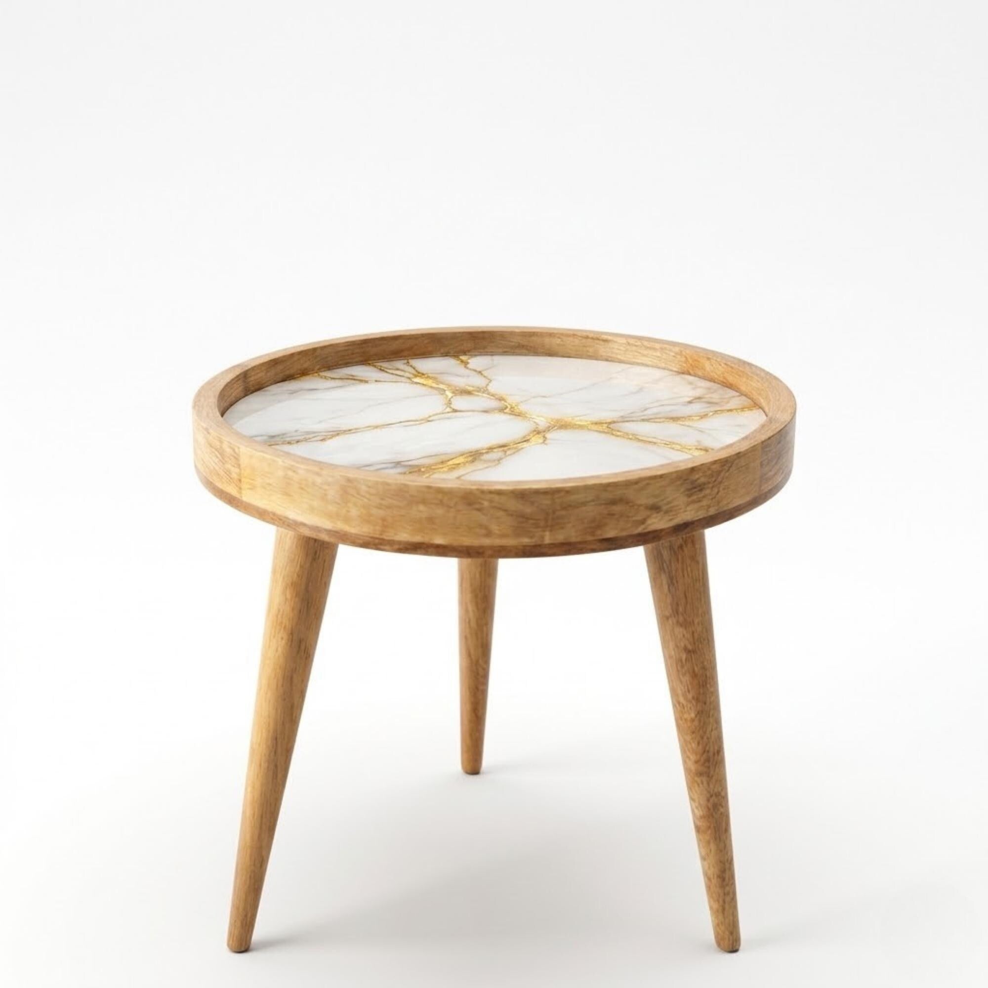 Handmade Mango Wood Side Table | White Marble Print, Gold Vein Accent Table