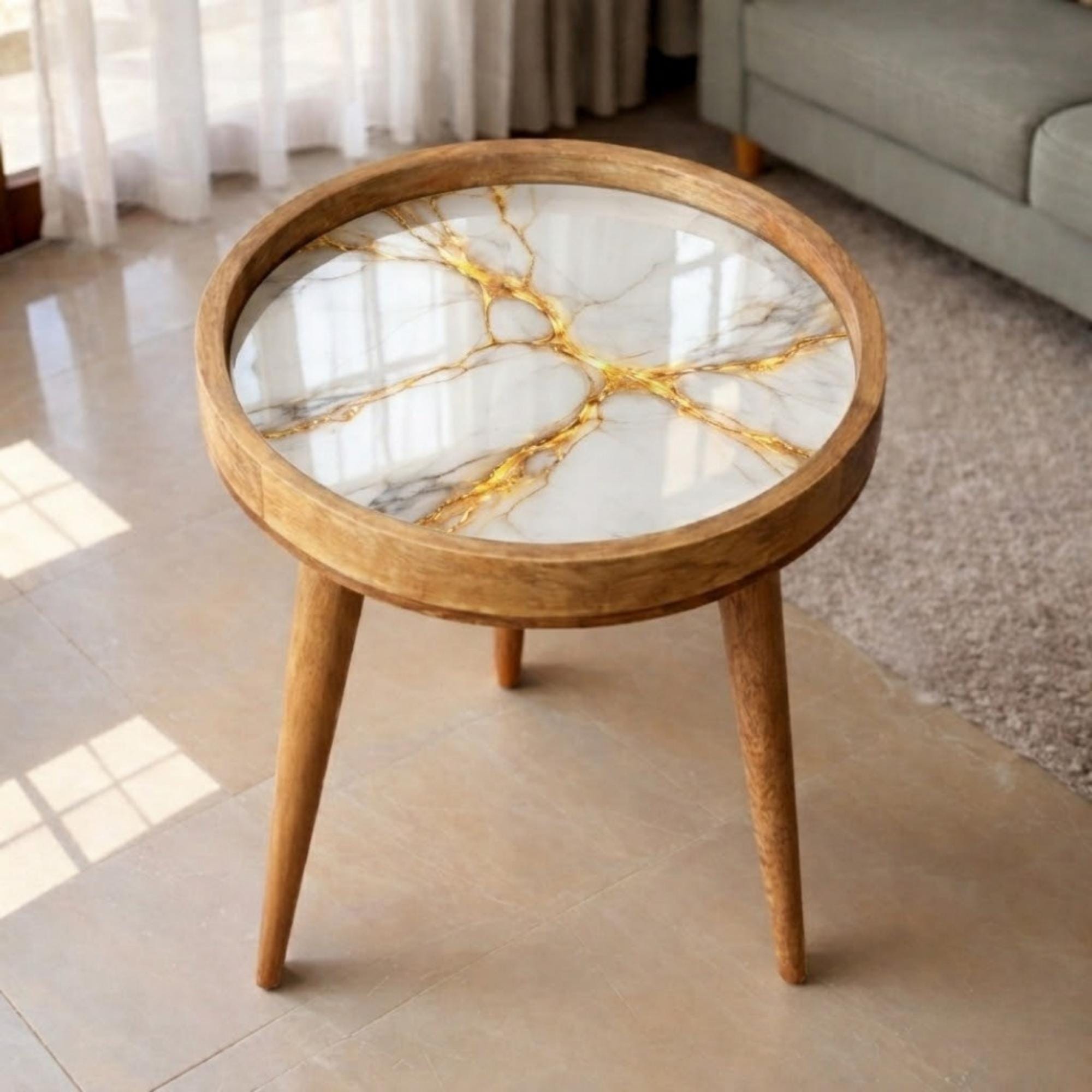 Handmade Mango Wood Side Table | White Marble Print, Gold Vein Accent Table