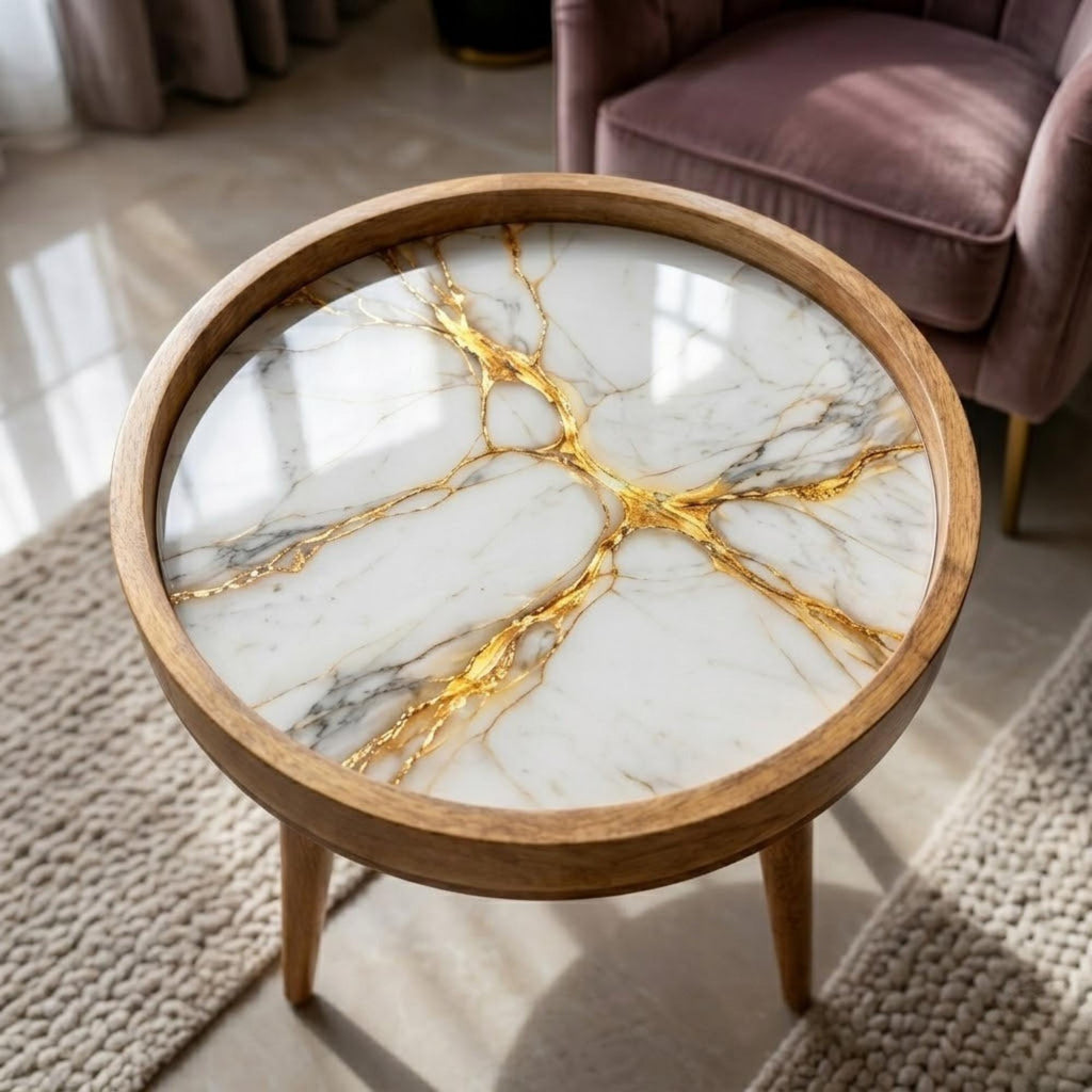 Handmade Mango Wood Side Table | White Marble Print, Gold Vein Accent Table