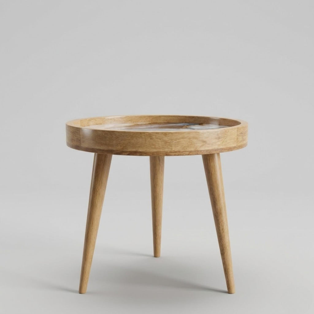 Handmade Mango Wood Side Table | Blue Marble Gold Vein Accent Table