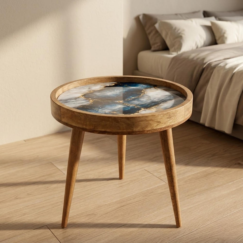 Handmade Mango Wood Side Table | Blue Marble Gold Vein Accent Table