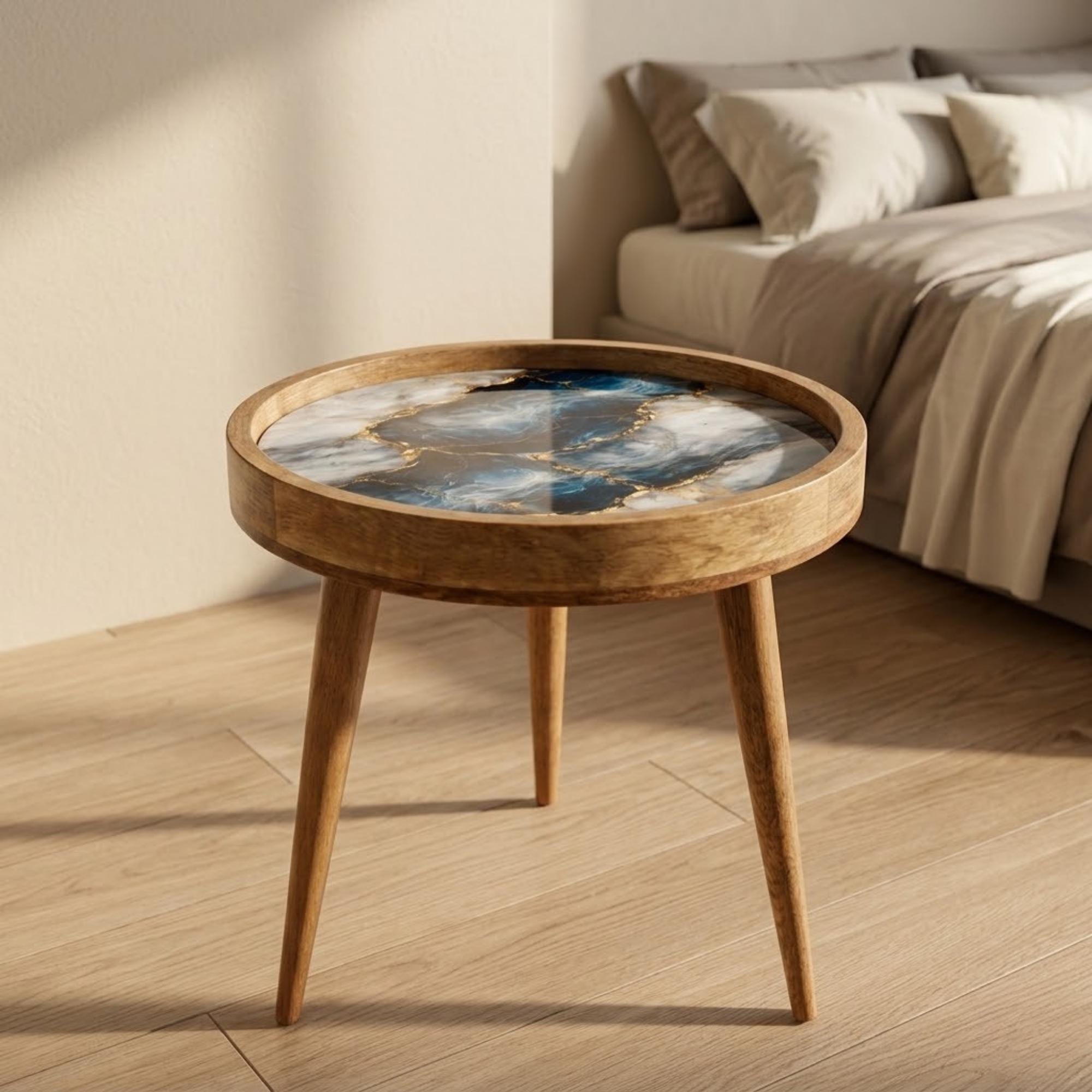 Handmade Mango Wood Side Table | Blue Marble Gold Vein Accent Table