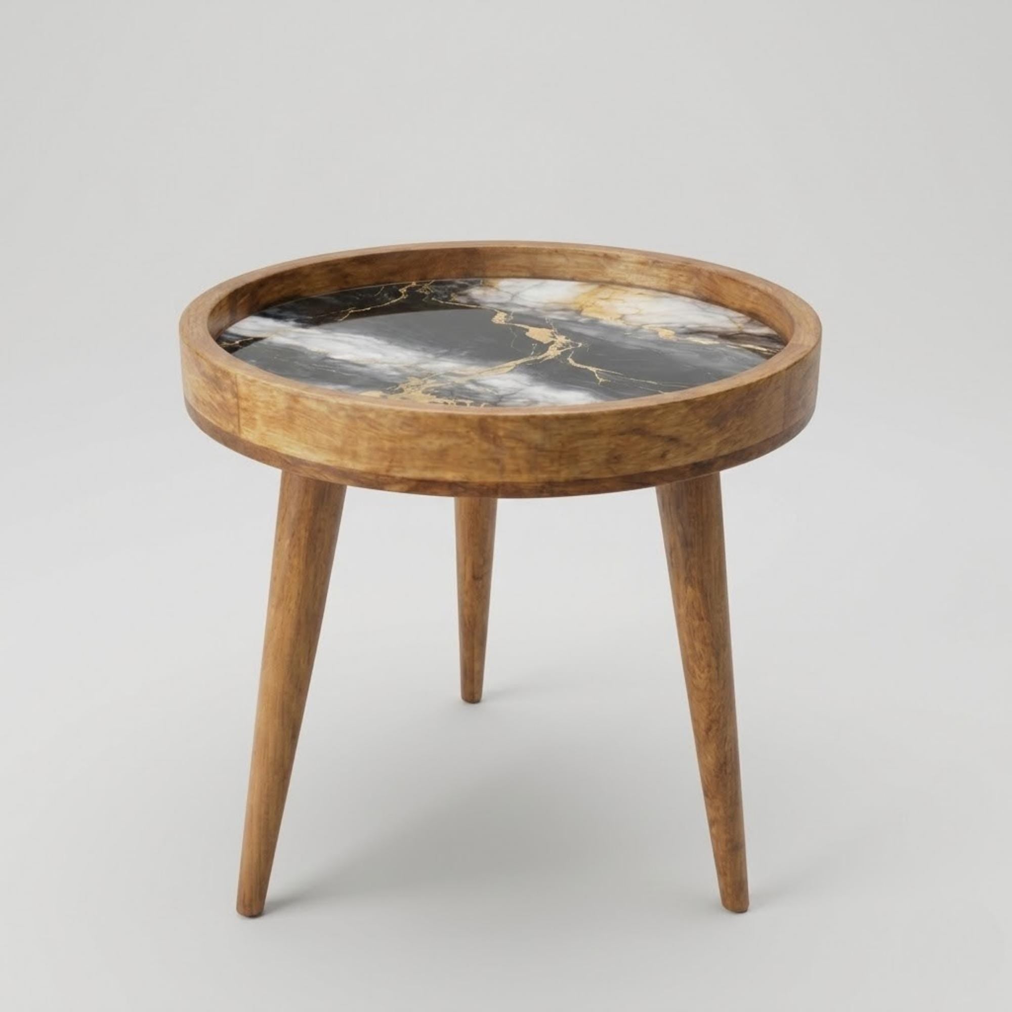 Handmade Mango Wood Side Table | Black Marble Print Gold Vein Accent Table