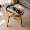 Handmade Mango Wood Side Table | Black Marble Print Gold Vein Accent Table