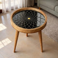 Handmade Mango Wood Side Table | Black Mandala Print Accent Table | Boho Gold Detail