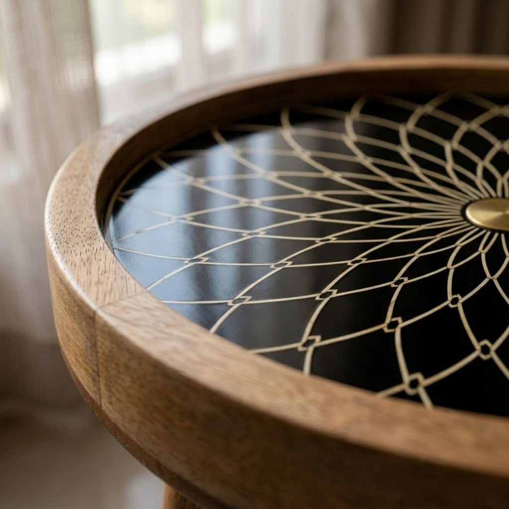 Handmade Mango Wood Side Table | Black Mandala Print Accent Table | Boho Gold Detail