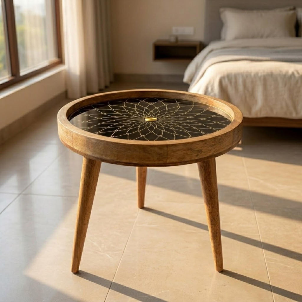 Handmade Mango Wood Side Table | Black Mandala Print Accent Table | Boho Gold Detail