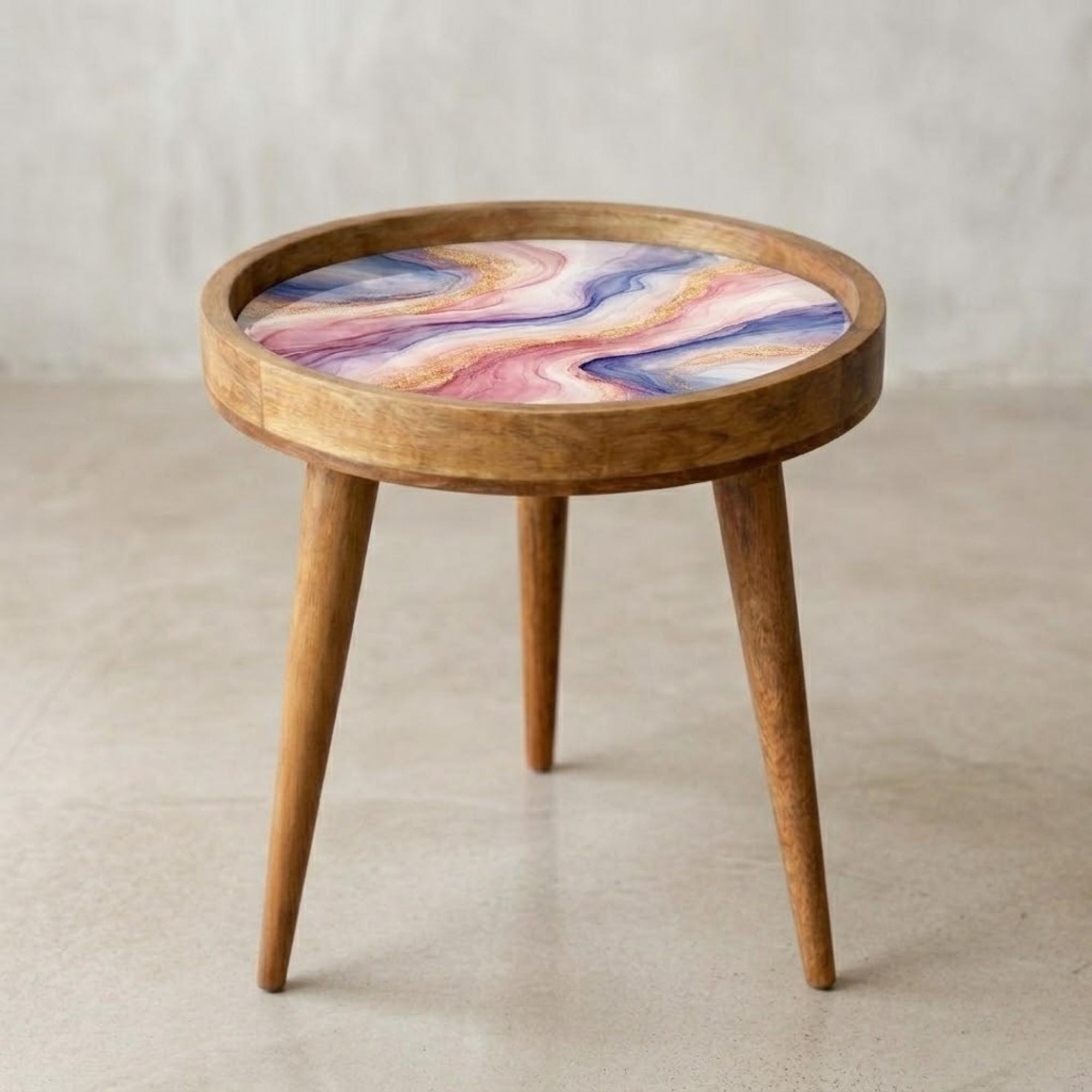 Handmade Mango Wood Side Table | Pink Blue Marble Print Accent Table