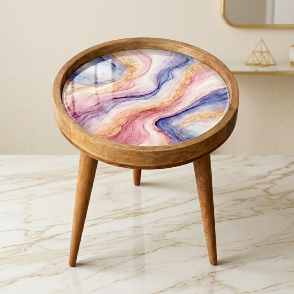 Handmade Mango Wood Side Table | Pink Blue Marble Print Accent Table