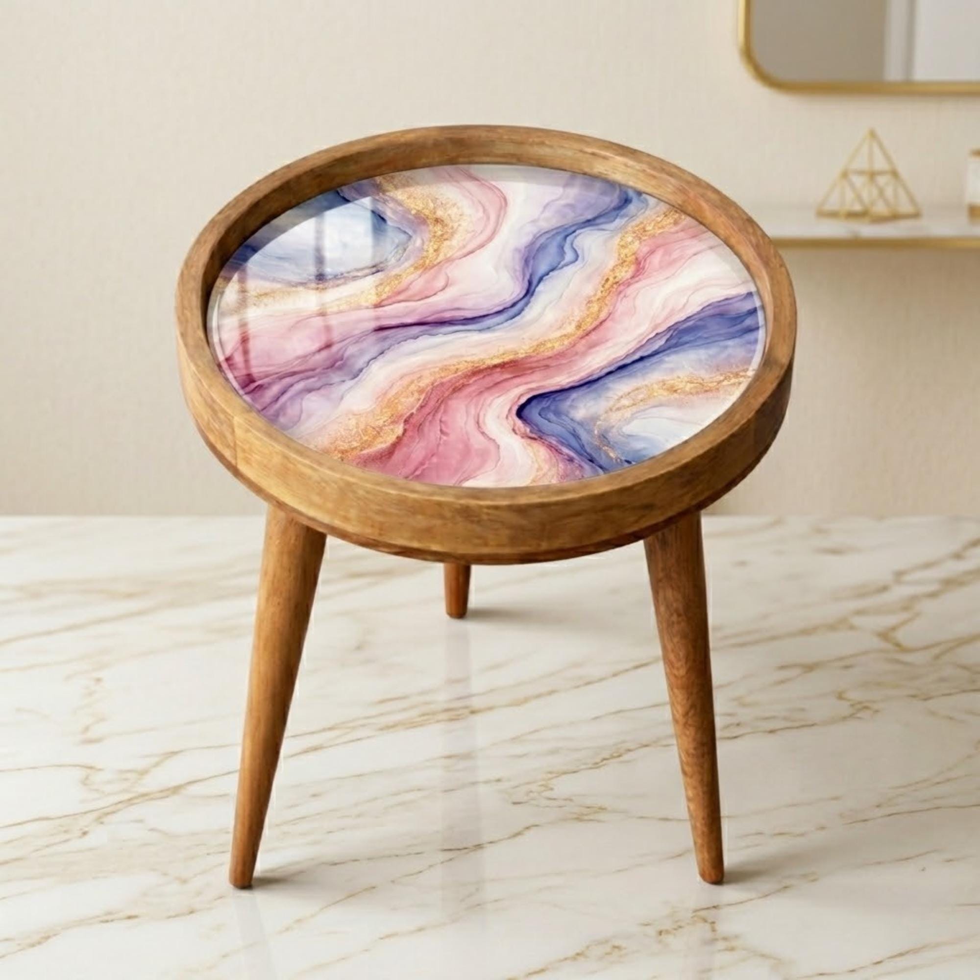 Handmade Mango Wood Side Table | Pink Blue Marble Print Accent Table