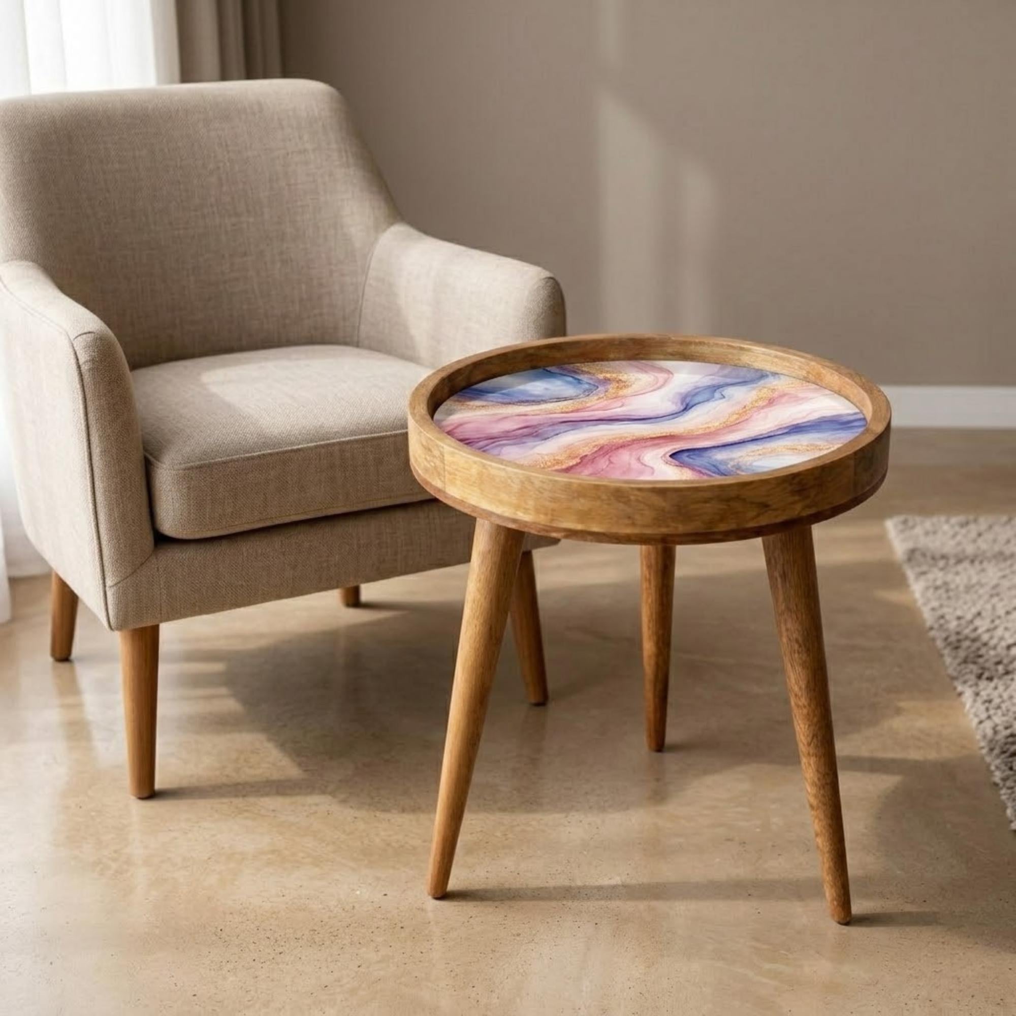 Handmade Mango Wood Side Table | Pink Blue Marble Print Accent Table