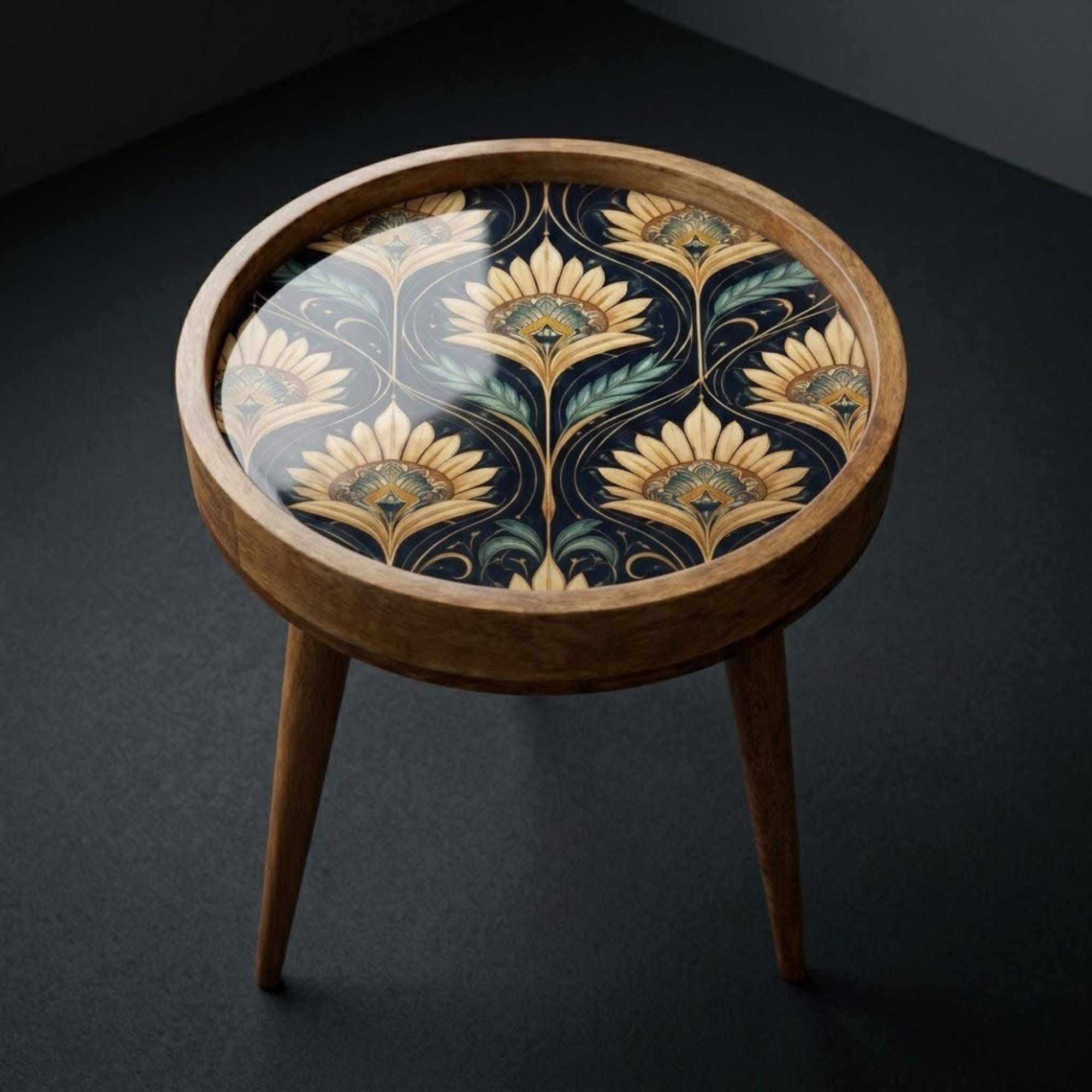 Handmade Mango Wood Side Table | Art Deco Floral Print | Round Vintage Accent Table