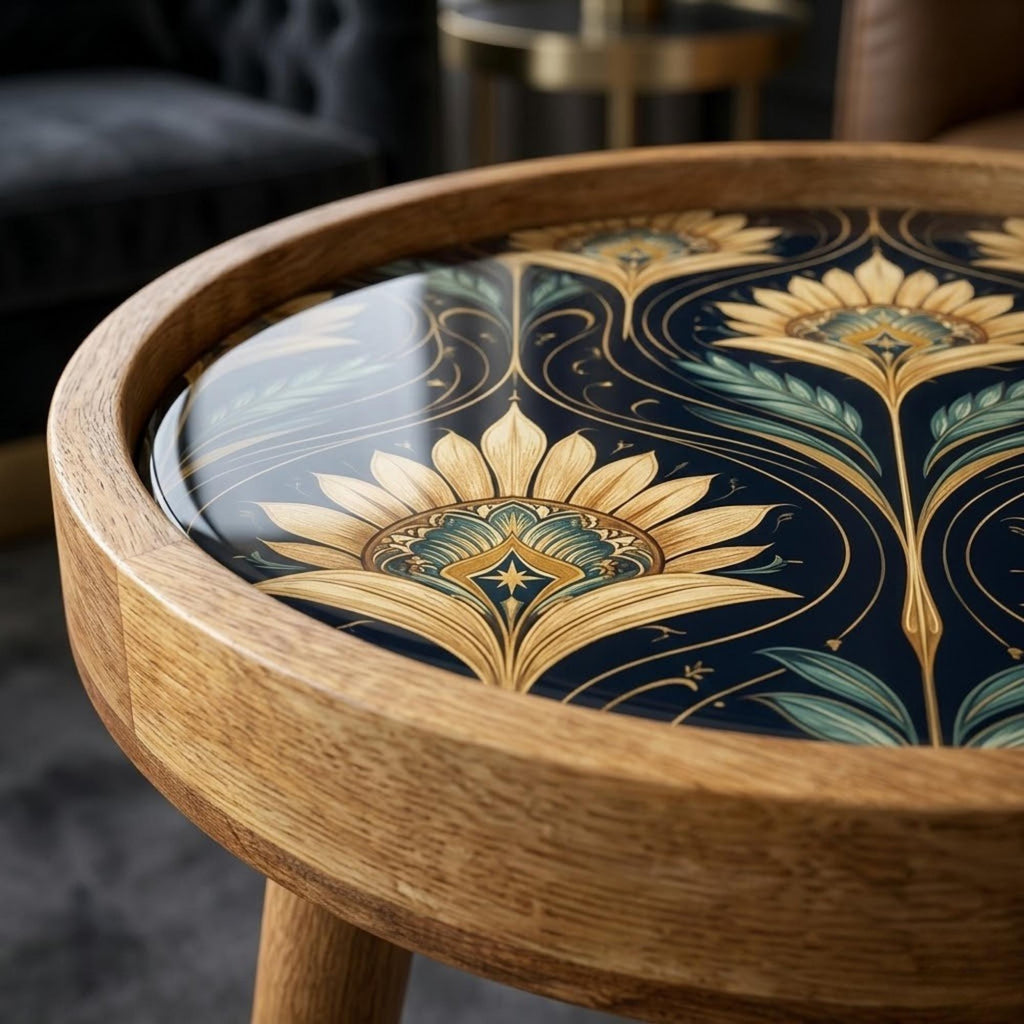 Handmade Mango Wood Side Table | Art Deco Floral Print | Round Vintage Accent Table