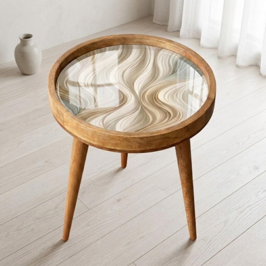 Handmade Mango Wood Side Table | Neutral Swirl Print Accent Table