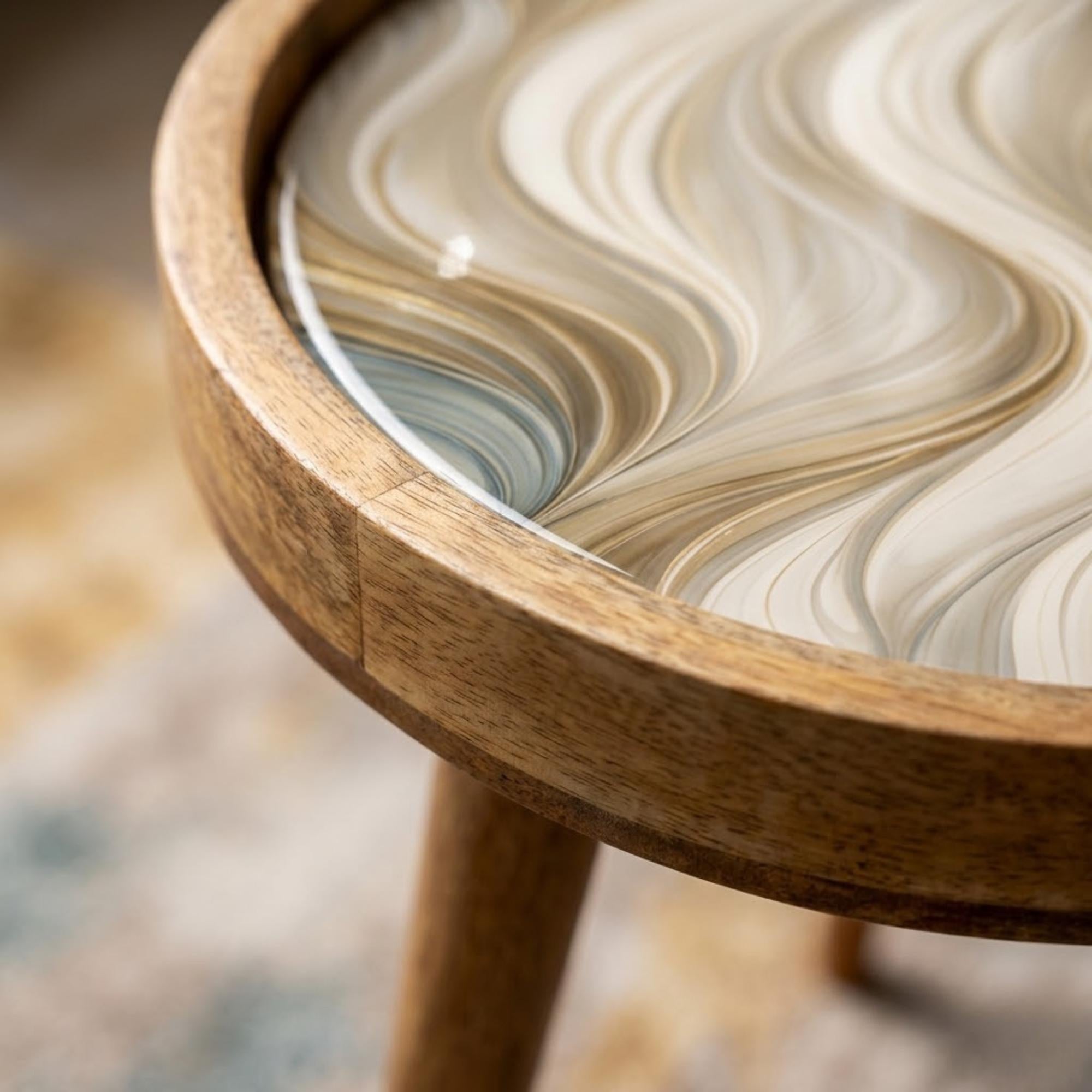 Handmade Mango Wood Side Table | Neutral Swirl Print Accent Table
