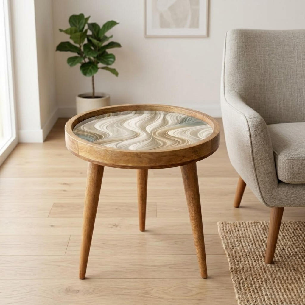 Handmade Mango Wood Side Table | Neutral Swirl Print Accent Table