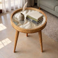 Handmade Mango Wood Side Table | Neutral Swirl Print Accent Table