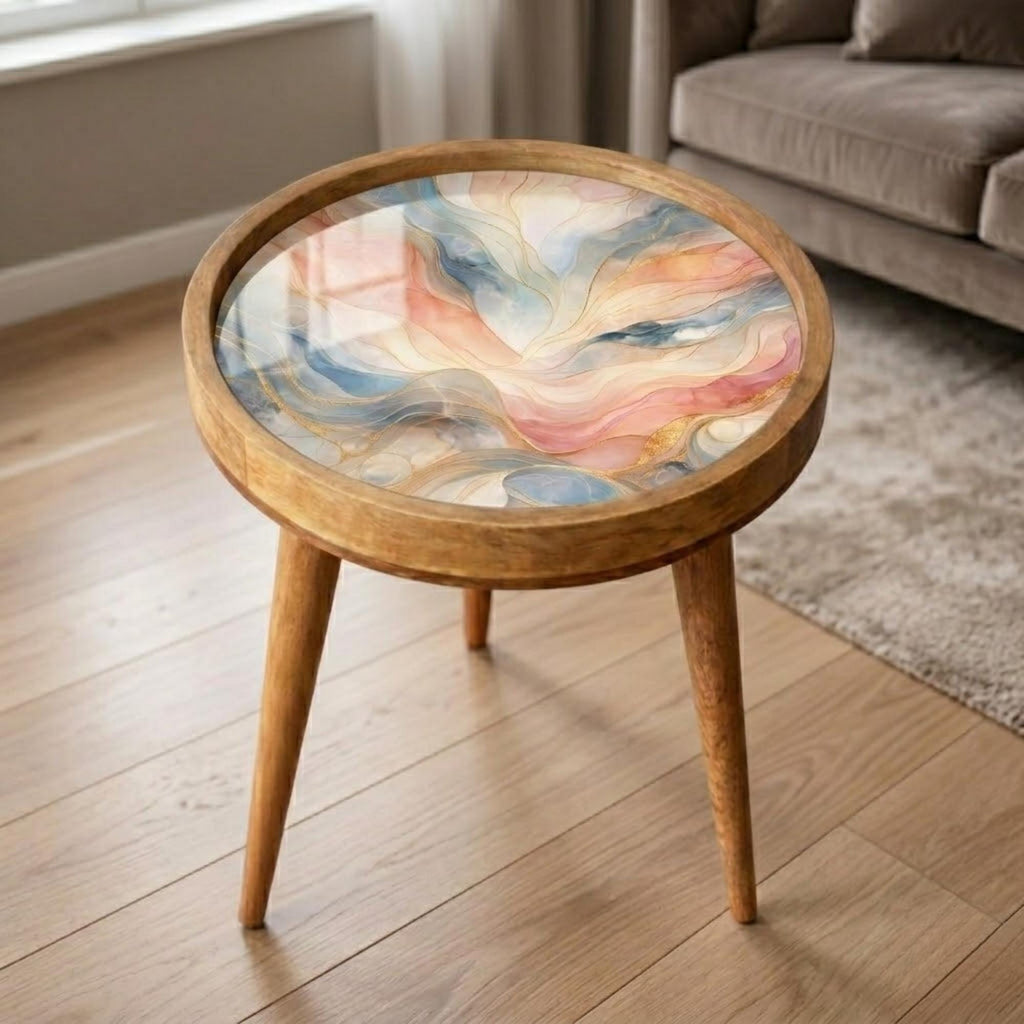 Handmade Mango Wood Side Table | Pastel Marble Print Round Accent Table