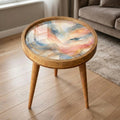 Handmade Mango Wood Side Table | Pastel Marble Print Round Accent Table