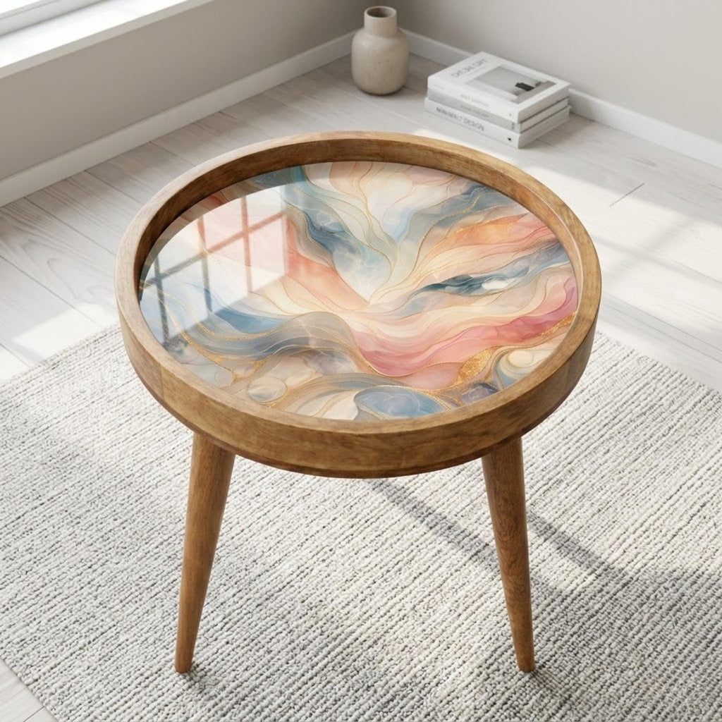 Handmade Mango Wood Side Table | Pastel Marble Print Round Accent Table