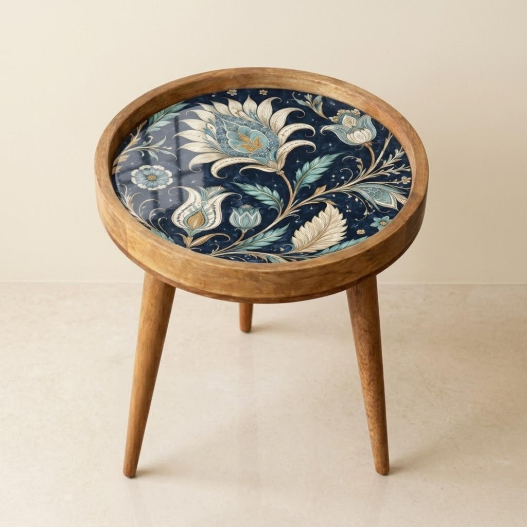 Handmade Mango Wood Side Table | Vintage Blue Floral Print | Round Boho Accent Table