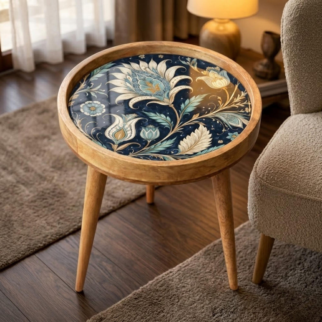 Handmade Mango Wood Side Table | Vintage Blue Floral Print | Round Boho Accent Table