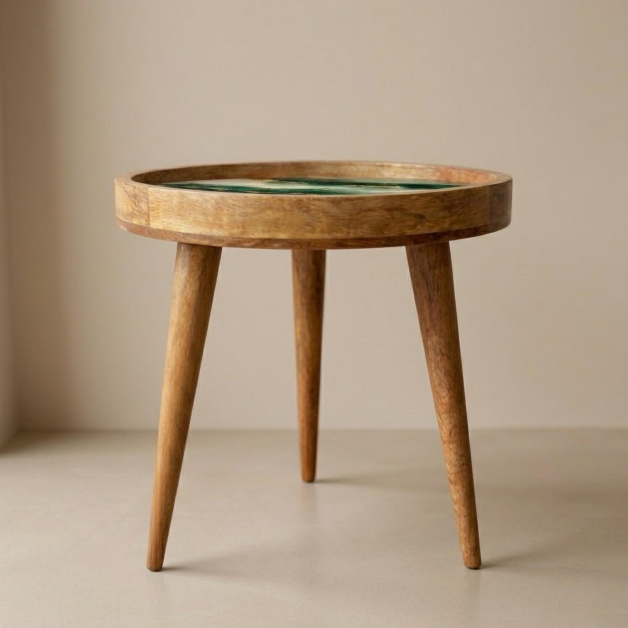 Handmade Mango Wood Side Table | Green Marble Print Round Accent Table
